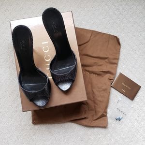 Gucci Black Watersnake Leather Bamboo Heel Platform Sandals Size 37